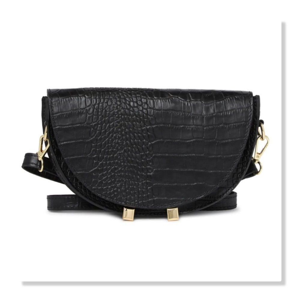 Scui Studios Half Moon Croc Embossed Leather Crossbody Bag in Black - NEW